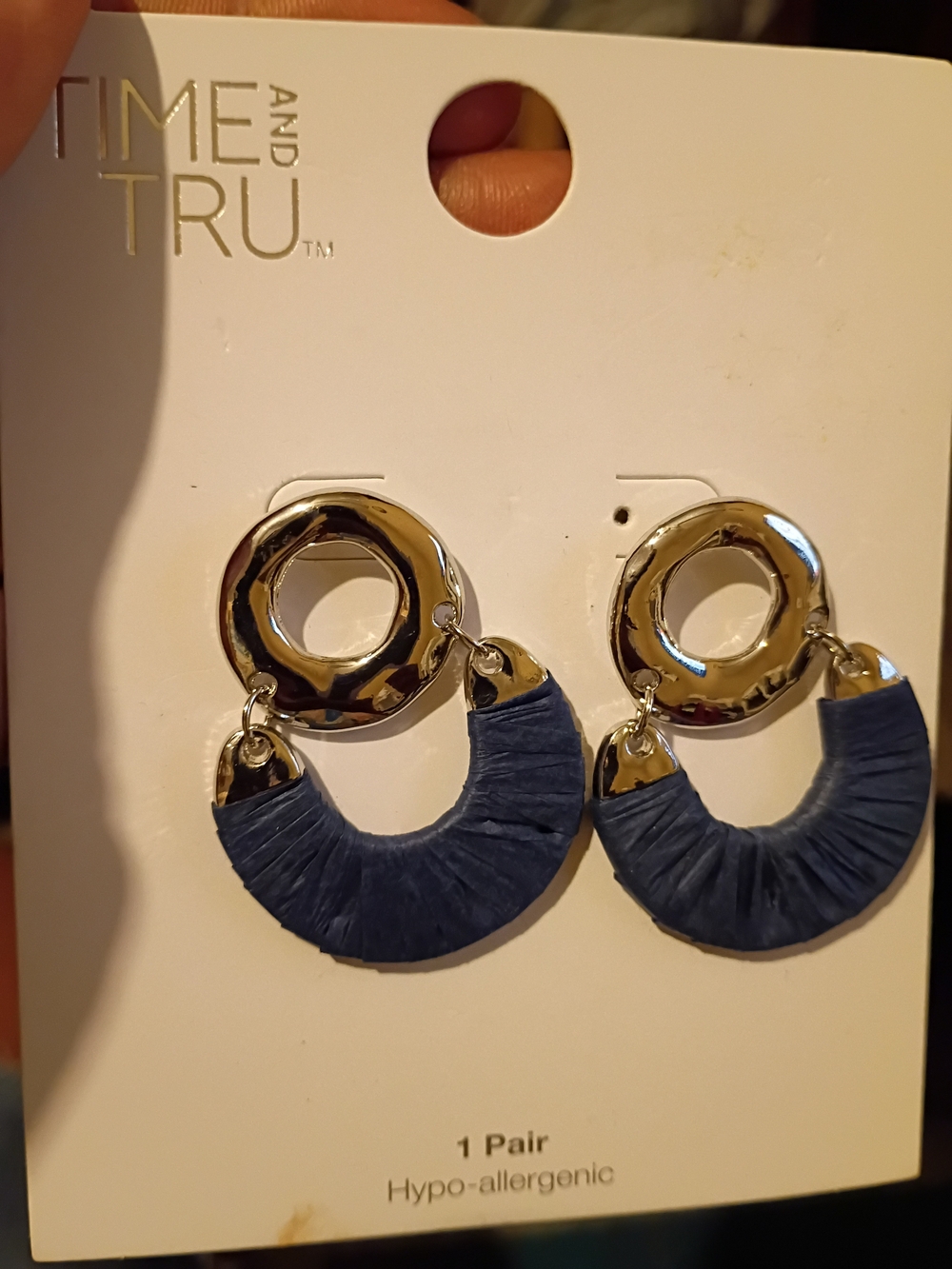 Time and Tru Navy Blue Raffia and Silver Hoop Earrings